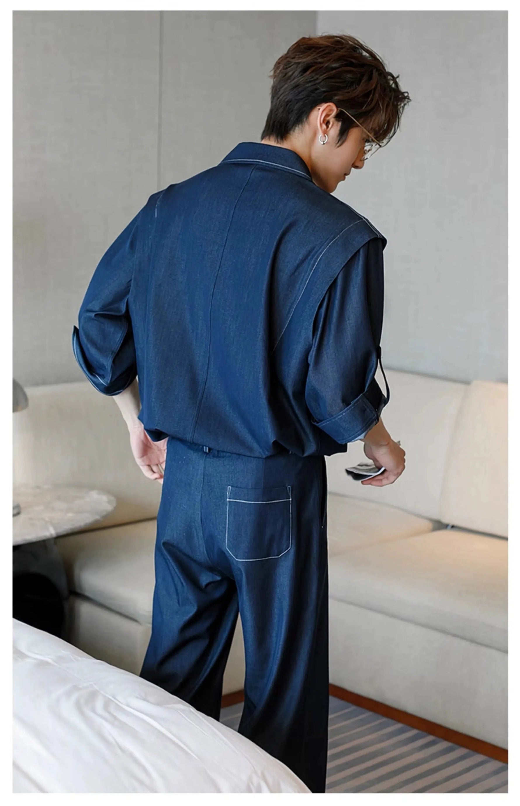 Cuban Collar Denim Shirt & Jeans Two-piece Set