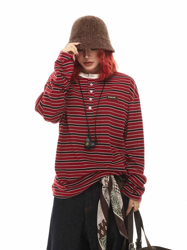 Striped Henley Long Sleeve Pullover Shirt 2