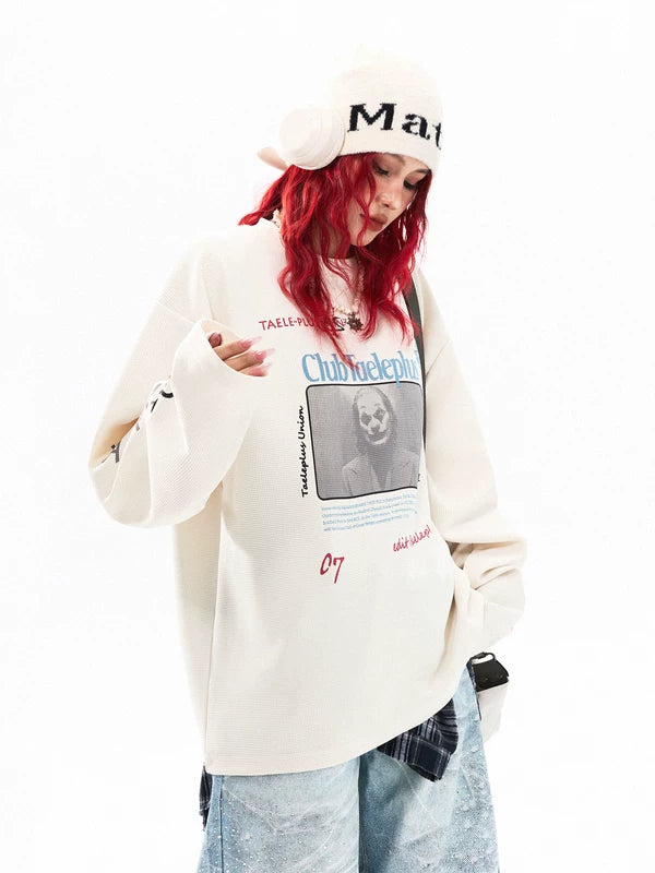 Graphic Waffle Knit Long Sleeve Pullover 2