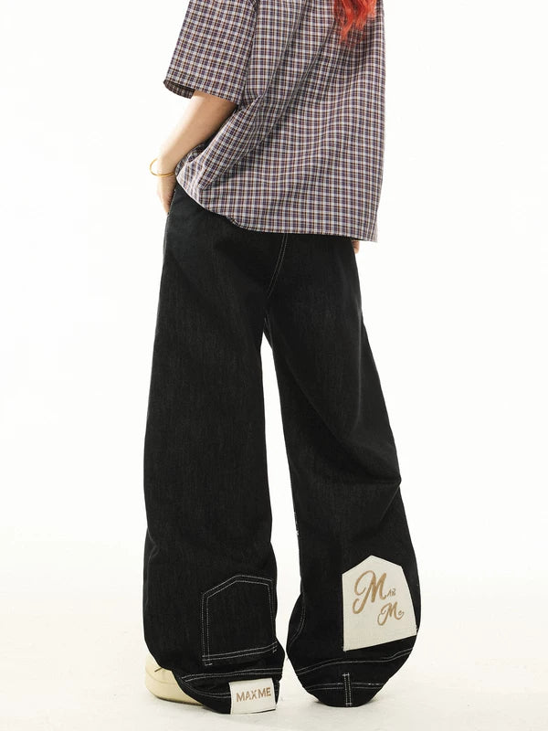 Wide-Leg Raw Denim Patchwork Jeans Pants 2