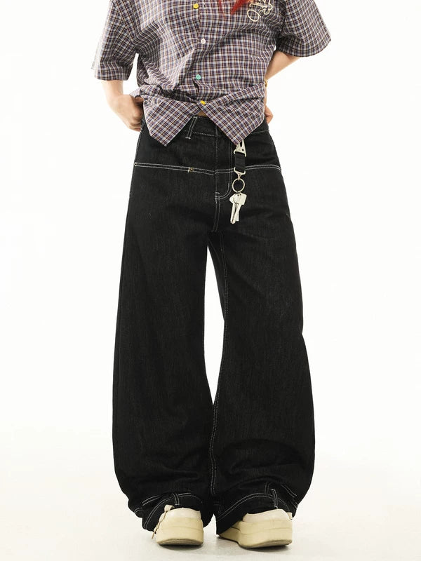 Wide-Leg Raw Denim Patchwork Jeans Pants 5