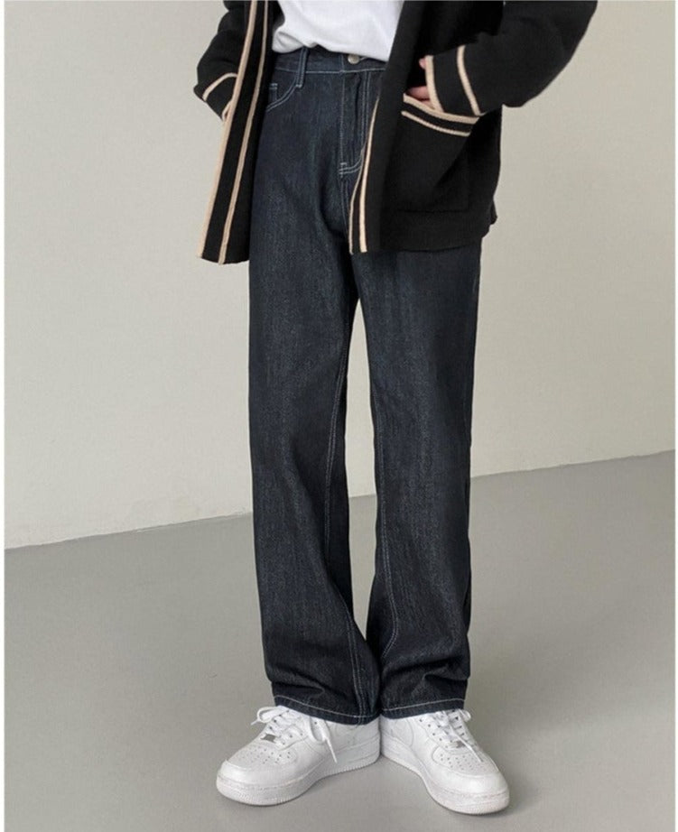 Dark Blue Denim Straight Washed Jeans