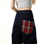 Dark Blue Plaid Wide-leg Jeans