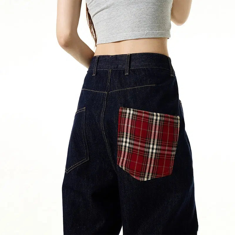 Dark Blue Plaid Wide-leg Jeans
