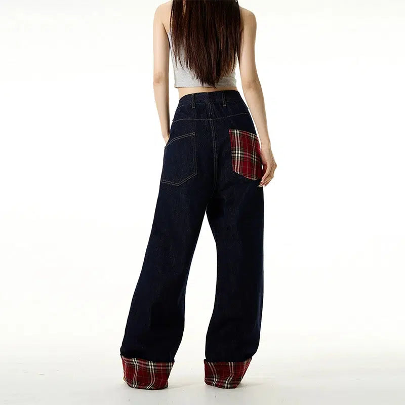 Dark Blue Plaid Wide-leg Jeans