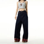 Dark Blue Plaid Wide-leg Jeans