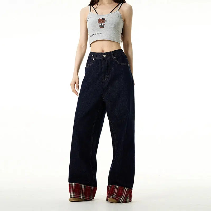 Dark Blue Plaid Wide-leg Jeans
