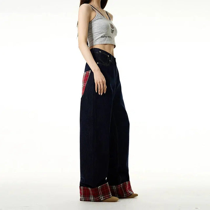 Dark Blue Plaid Wide-leg Jeans