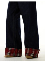 Dark Blue Plaid Wide-leg Jeans