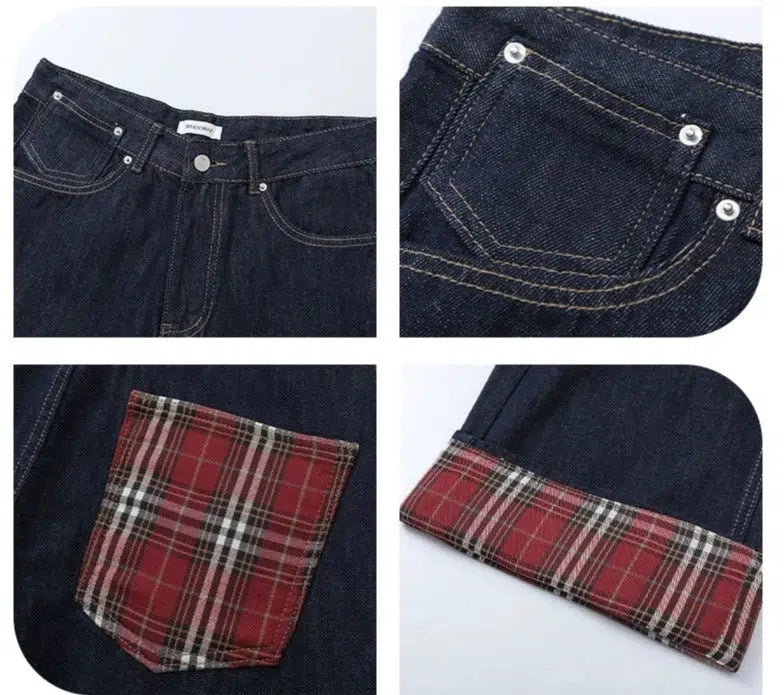 Dark Blue Plaid Wide-leg Jeans