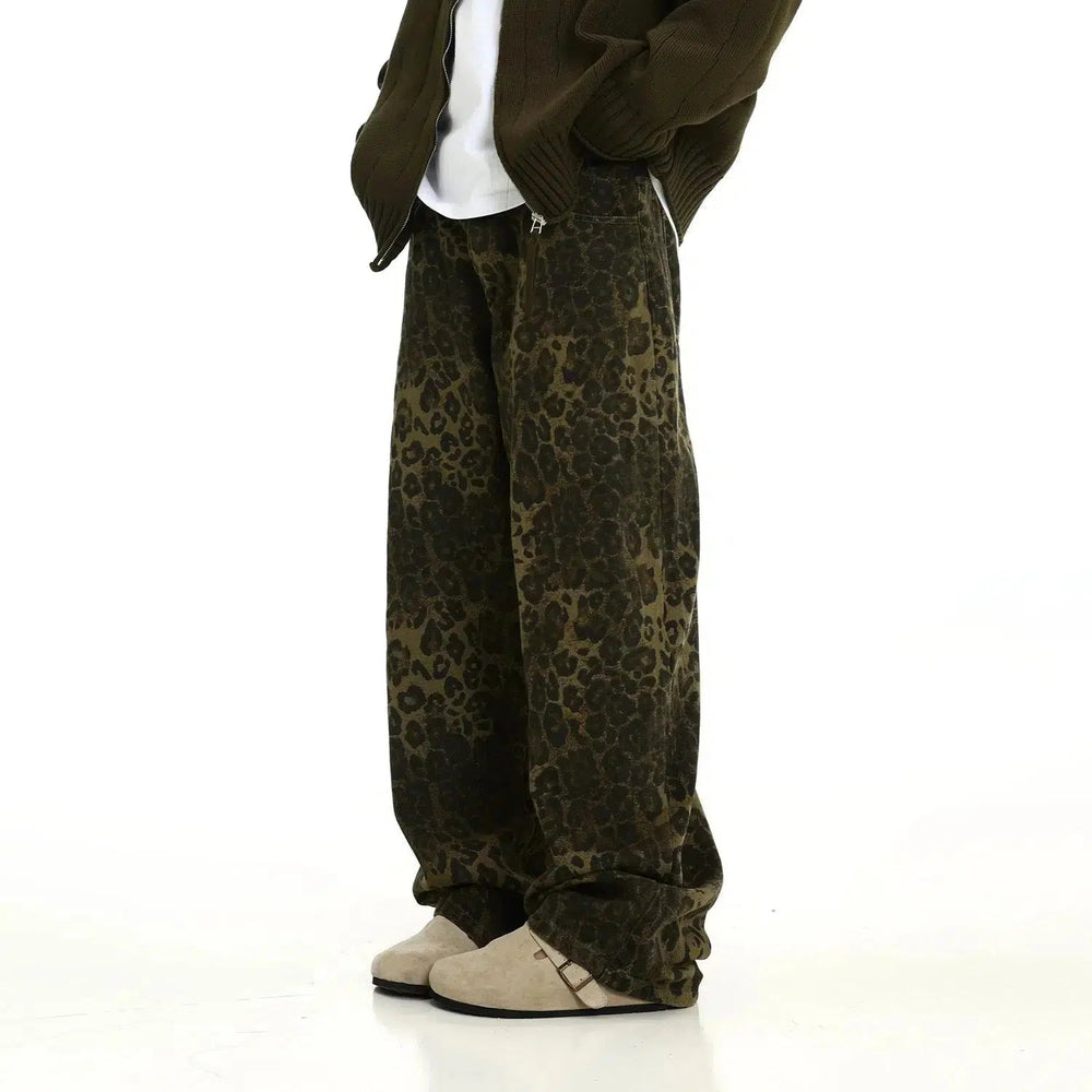 Dark Leopard Wide-Leg Multi-pocket Pants