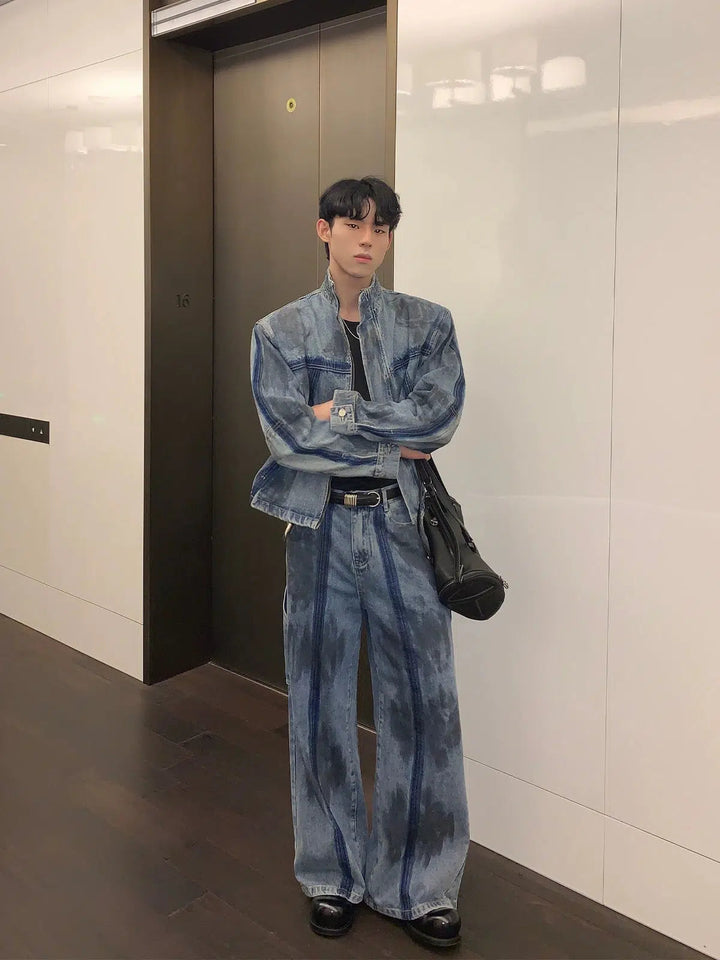 Deconstructed Distressed Denim Jacket Pants Suit