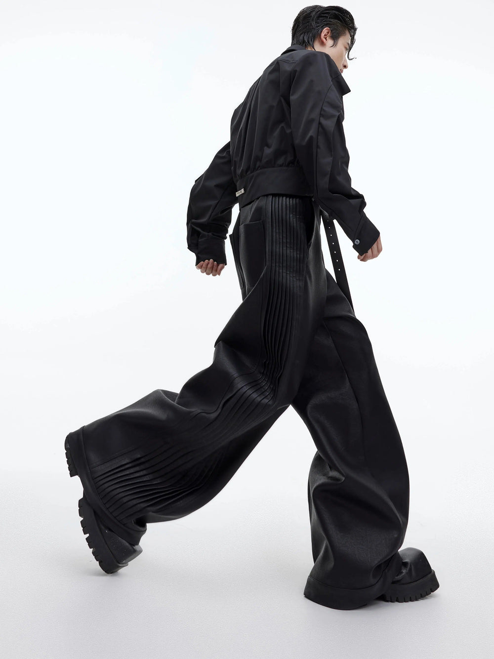 Deconstructed Pleated Matte Leather Pants