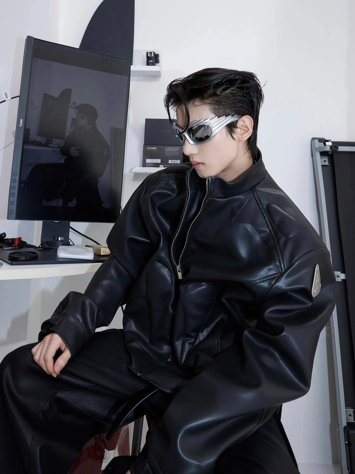 Deconstructed Metal Logo Short Leather Jacket