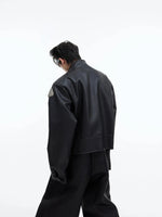 Deconstructed Metal Logo Short Leather Jacket