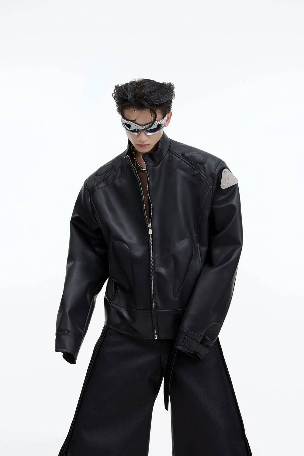 Deconstructed Metal Logo Short Leather Jacket