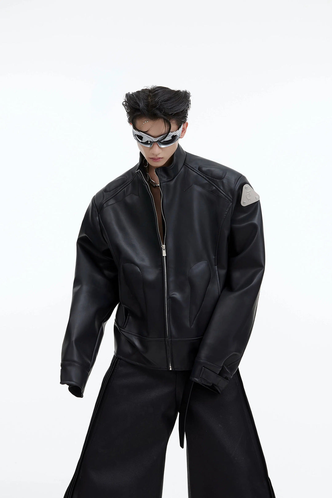 Deconstructed Metal Logo Short Leather Jacket