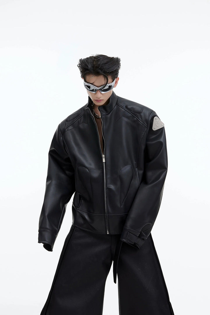 Deconstructed Metal Logo Short Leather Jacket