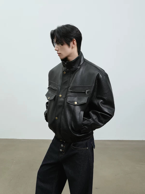 Stand Collar PU Leather Motorcycle Jacket 4