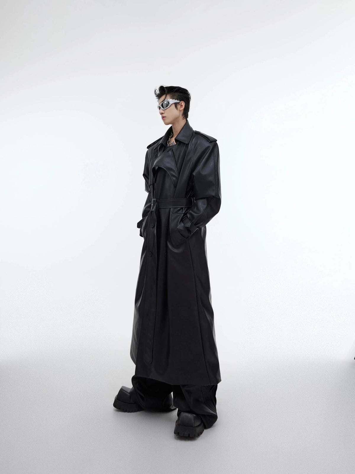 Deconstructed Split PU Leather Long Coat