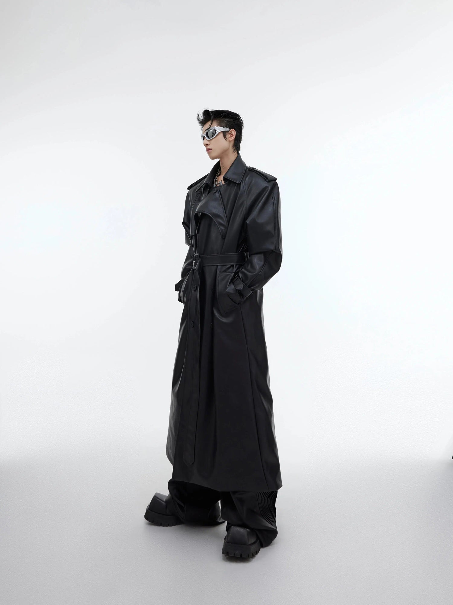 Deconstructed Split PU Leather Long Coat