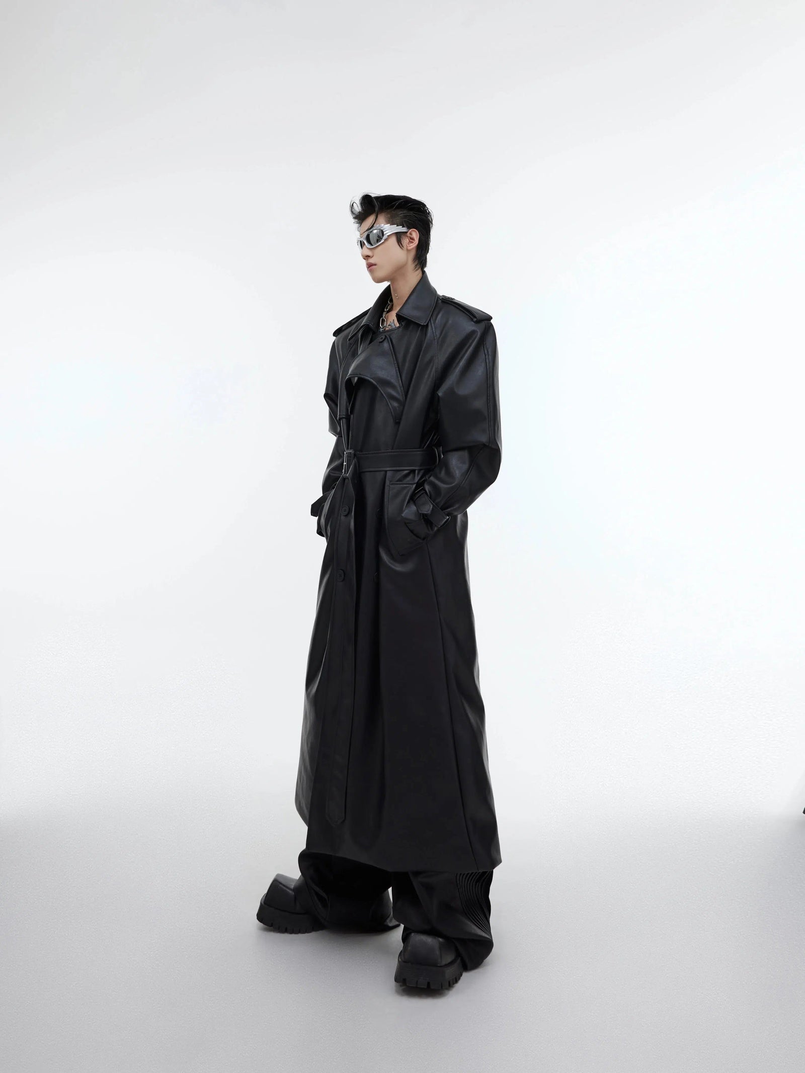 Deconstructed Split PU Leather Long Coat