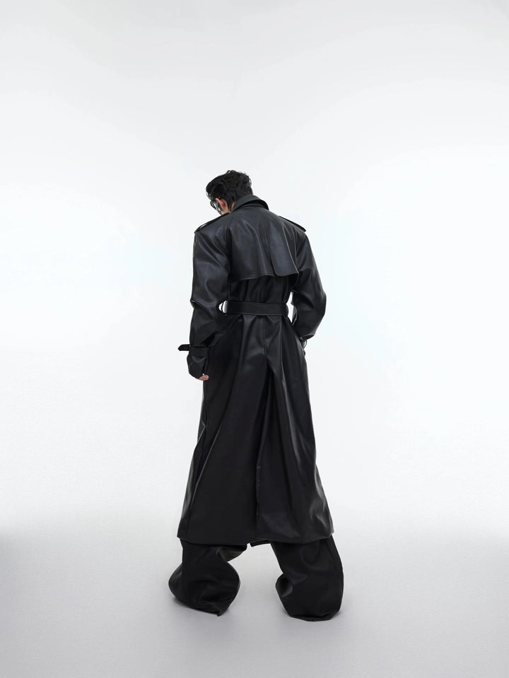 Deconstructed Split PU Leather Long Coat