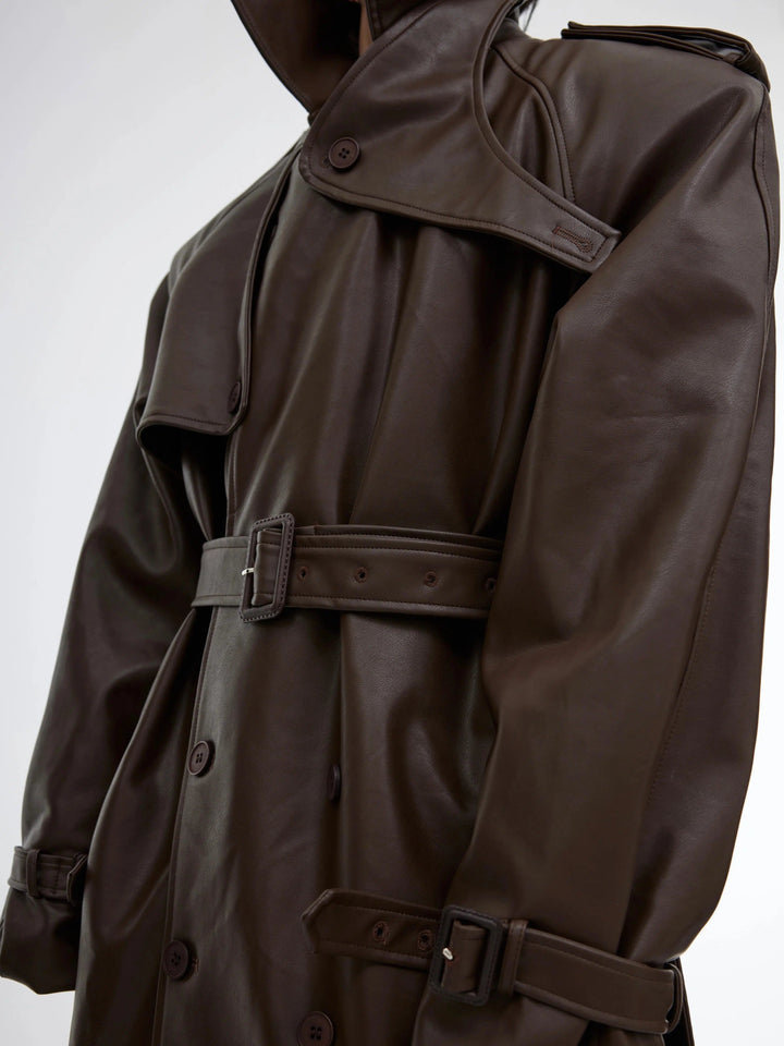 Deconstructed Split PU Leather Long Coat