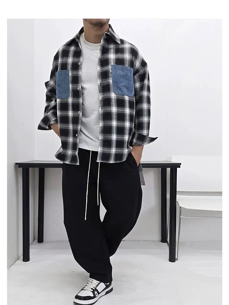 Denim Pockets Casual Checkered Overshirt