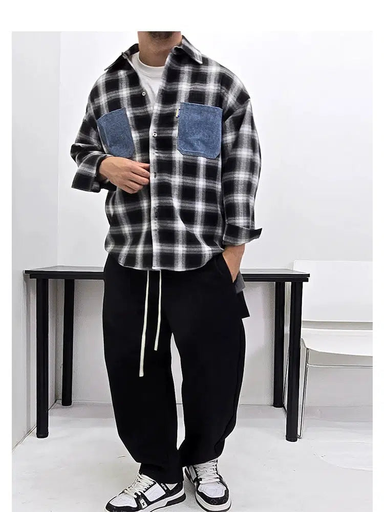 Denim Pockets Casual Checkered Overshirt