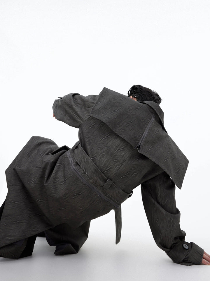 Detachable Cape Cracked Leather Windbreaker