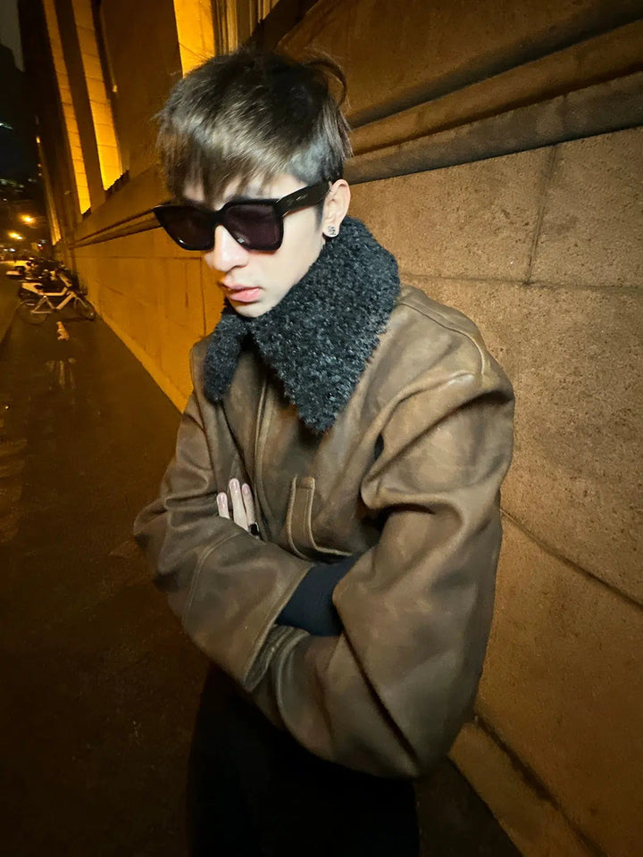 Detachable Plush Collar PU Leather Jacket