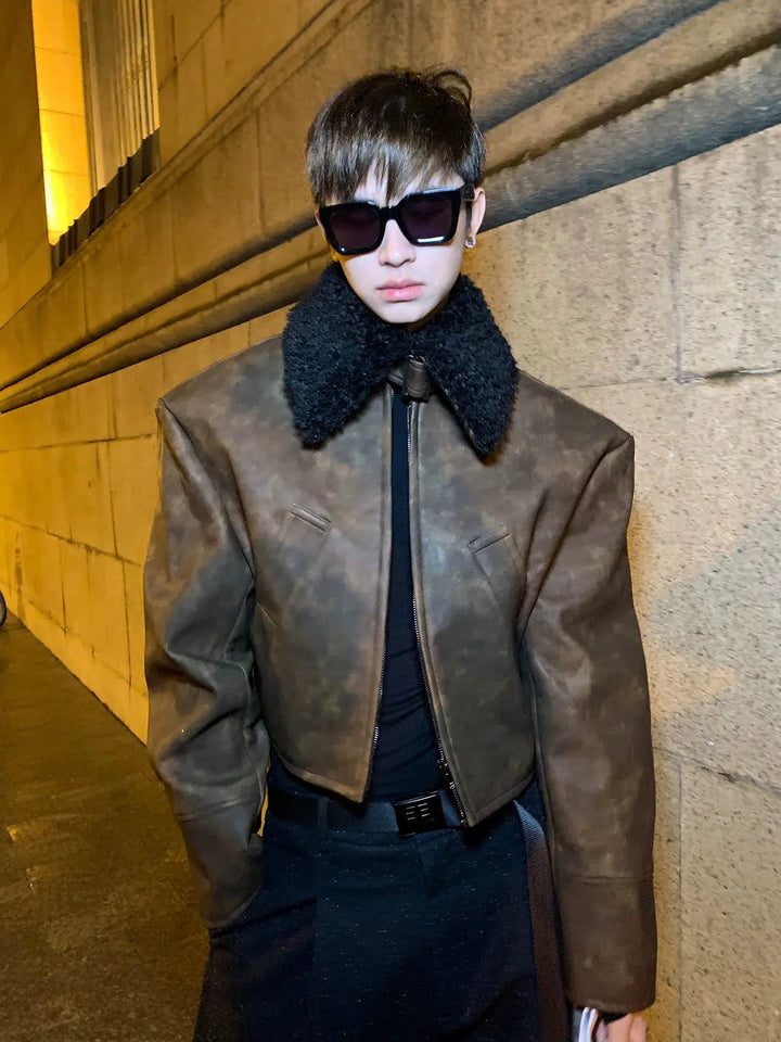 Detachable Plush Collar PU Leather Jacket