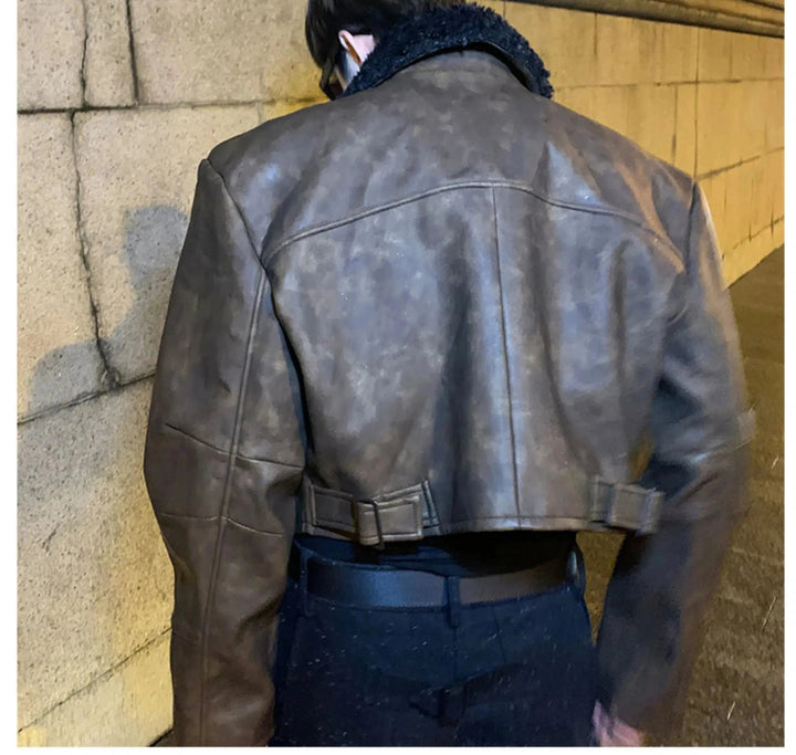 Detachable Plush Collar PU Leather Jacket