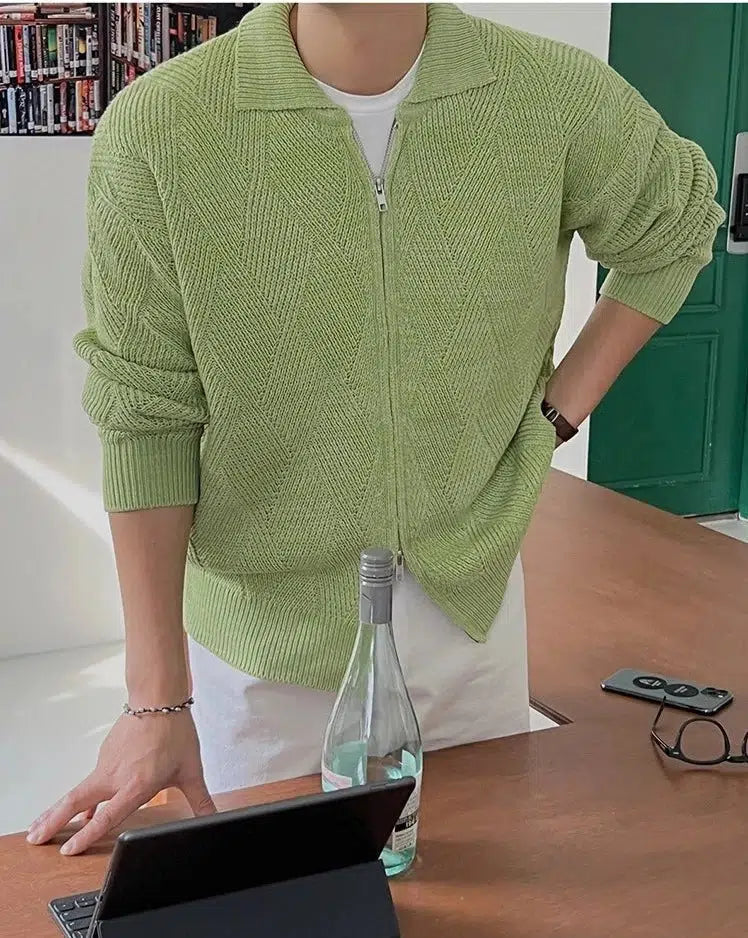 Diamond Design Zipper Knitted Polo Shirt