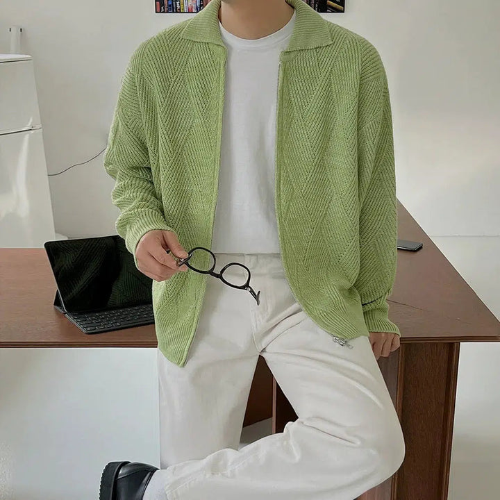 Diamond Design Zipper Knitted Polo Shirt