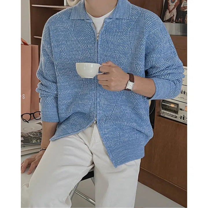 Diamond Design Zipper Knitted Polo Shirt