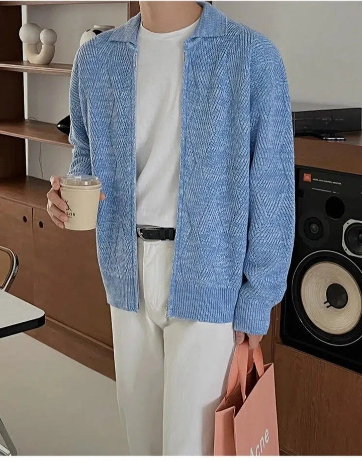 Diamond Design Zipper Knitted Polo Shirt