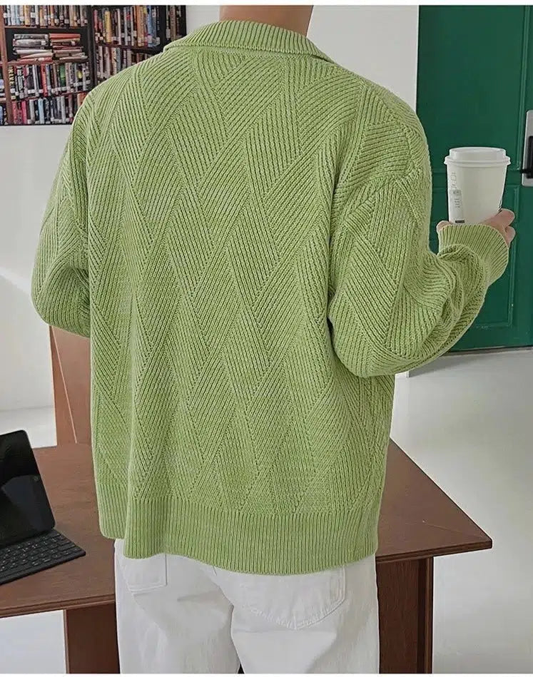 Diamond Design Zipper Knitted Polo Shirt