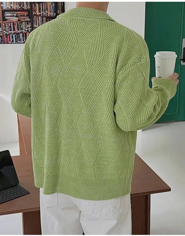 Diamond Design Zipper Knitted Polo Shirt