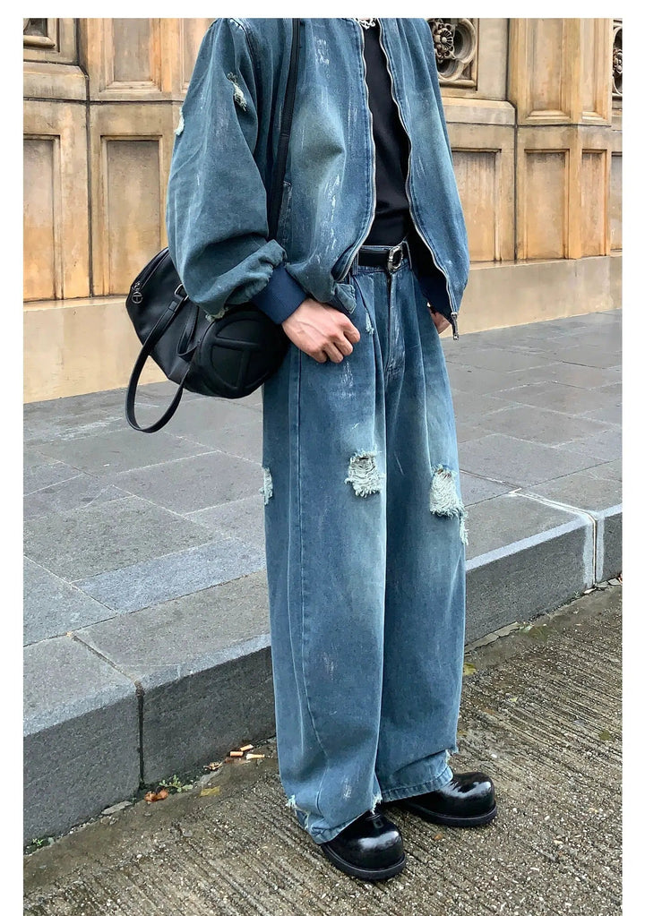 Distressed Denim Jacket Pants Set
