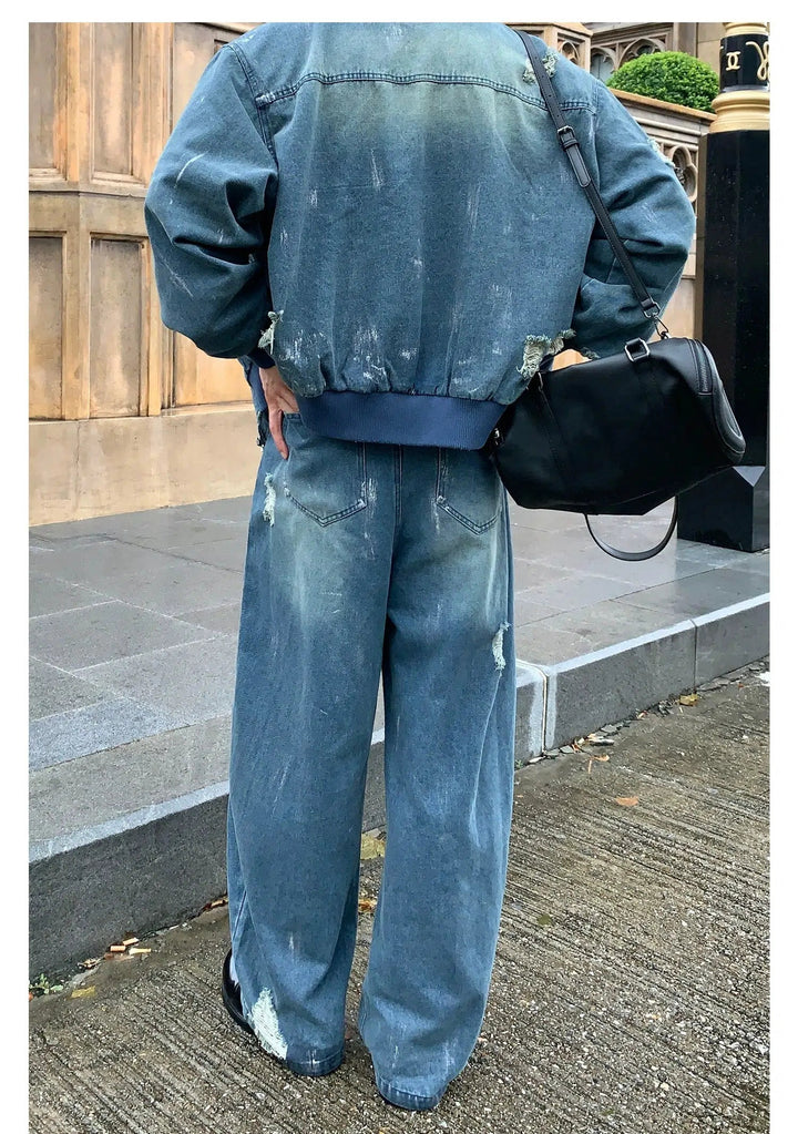 Distressed Denim Jacket Pants Set