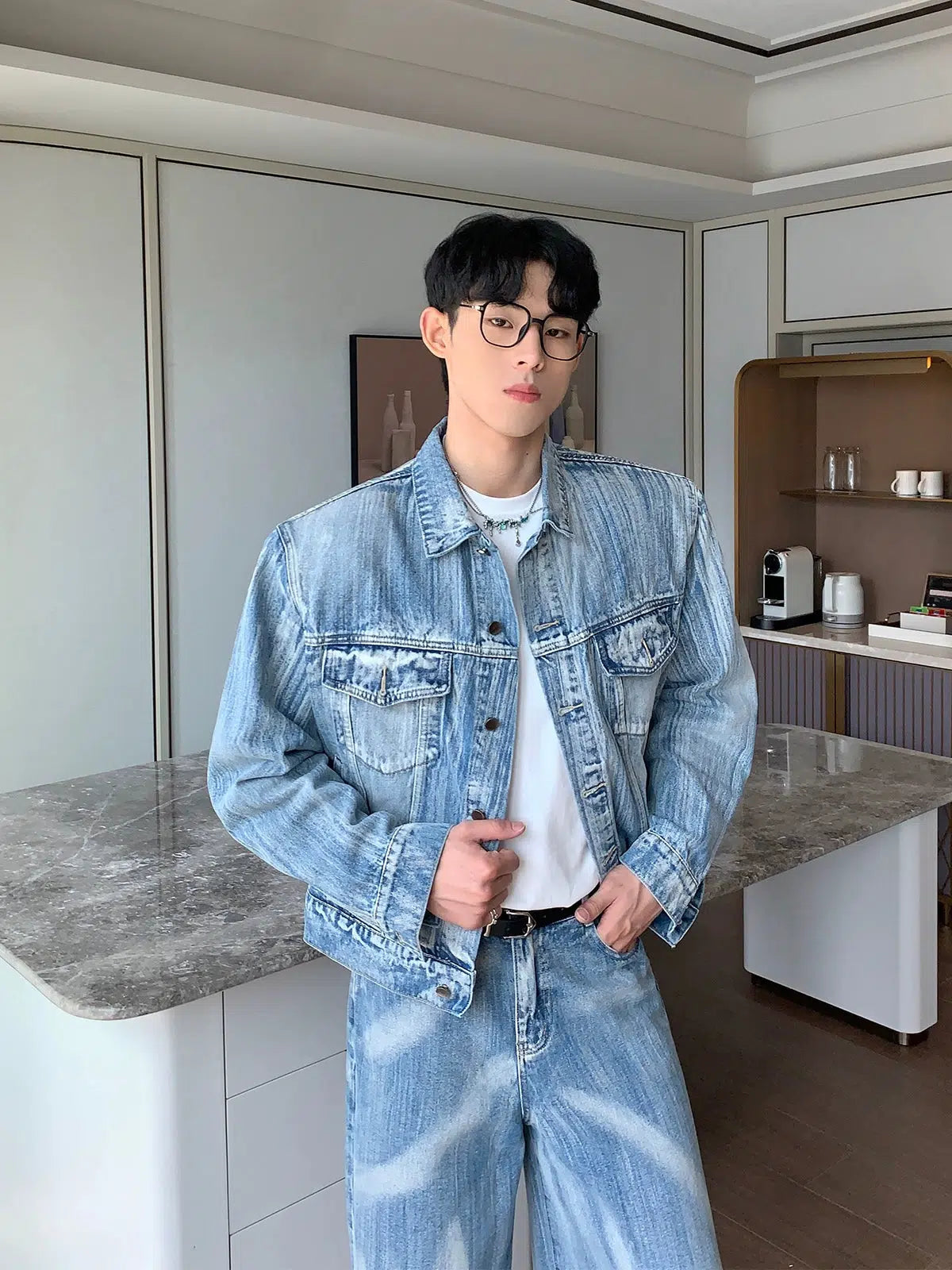 Distressed Denim Jacket Pants Suit