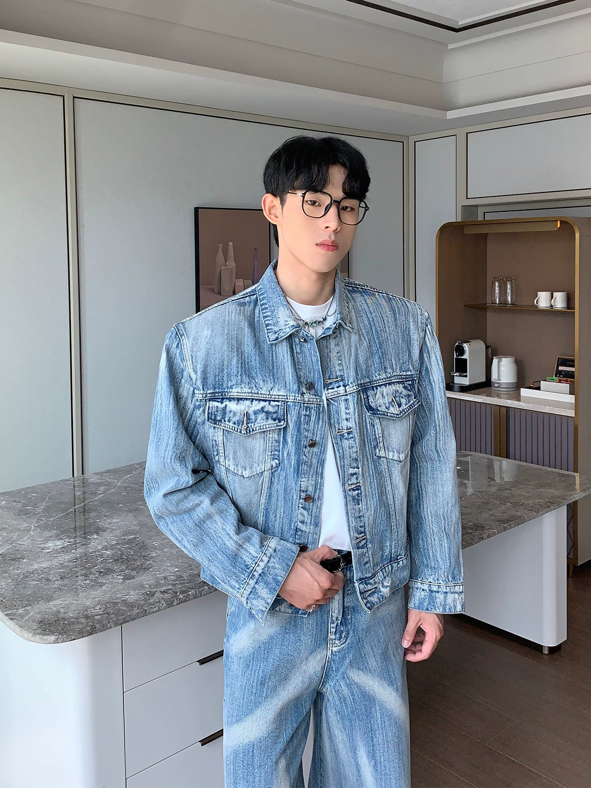 Distressed Denim Jacket Pants Suit