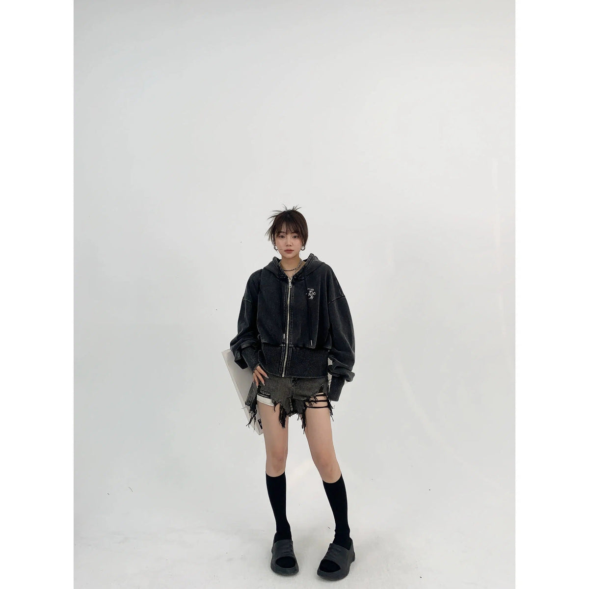 Distressed Embroidered Hooded Jacket