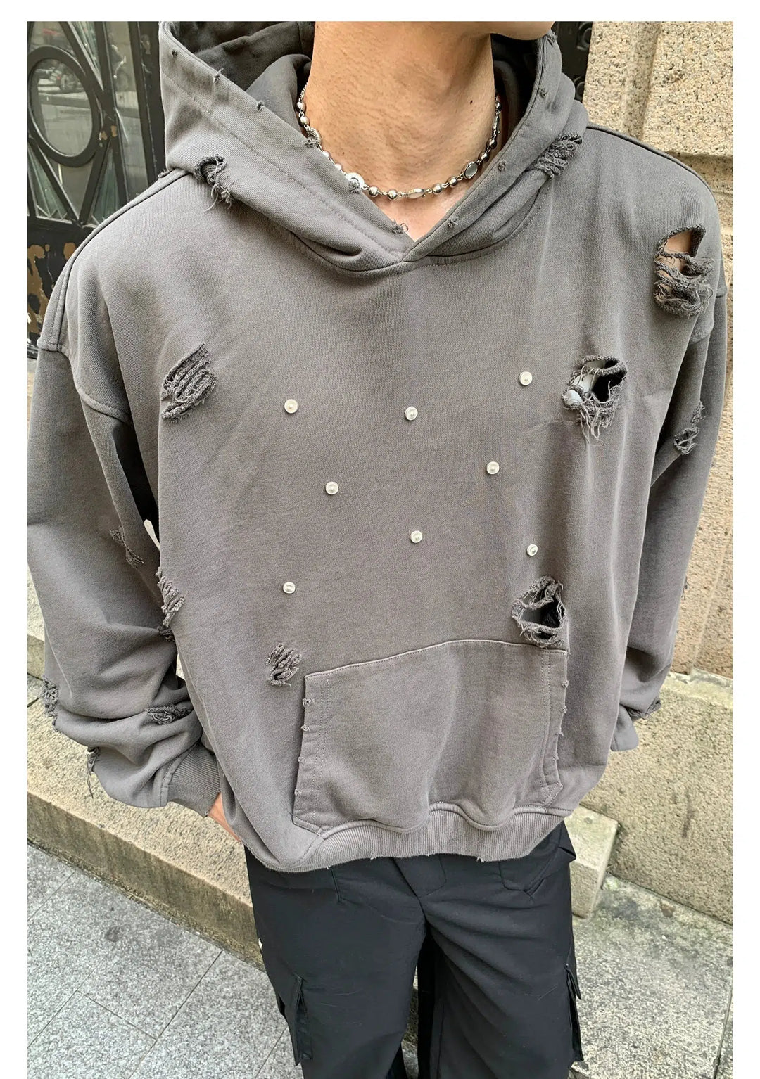 Distressed Hoodie with Studded Details