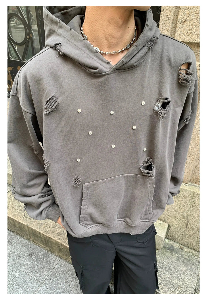 Distressed Hoodie with Studded Details