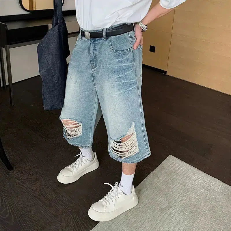 Distressed Knee-Length Denim Shorts