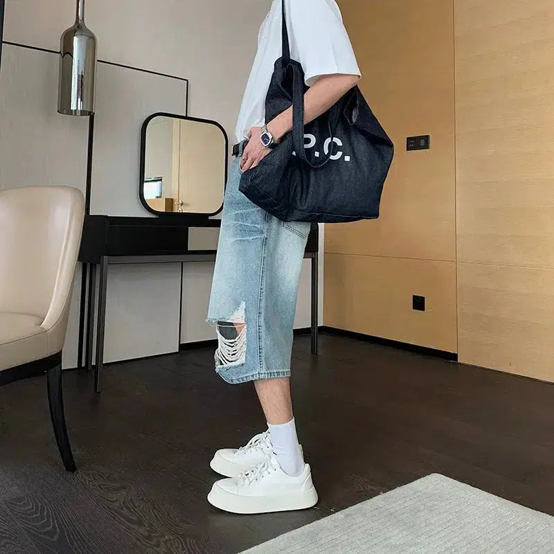 Distressed Knee-Length Denim Shorts