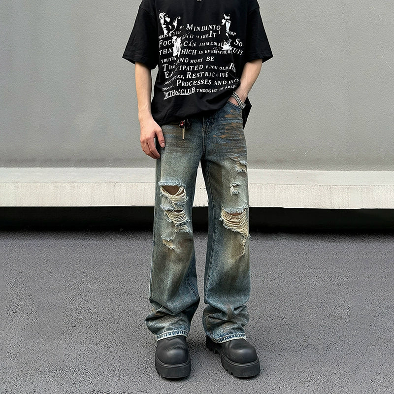Distressed Wide-Leg Denim Jeans